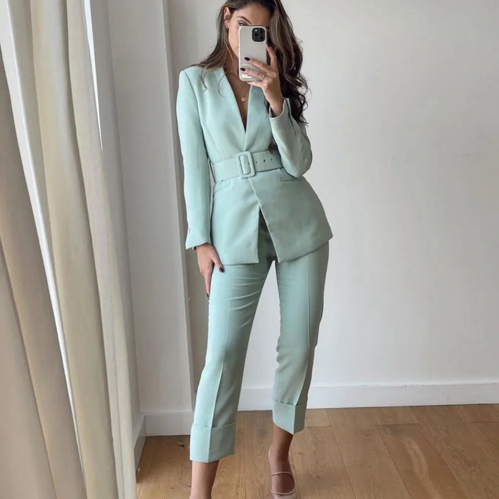 Zara Mint Green Belted Pantsuit - Picture 1 of 10